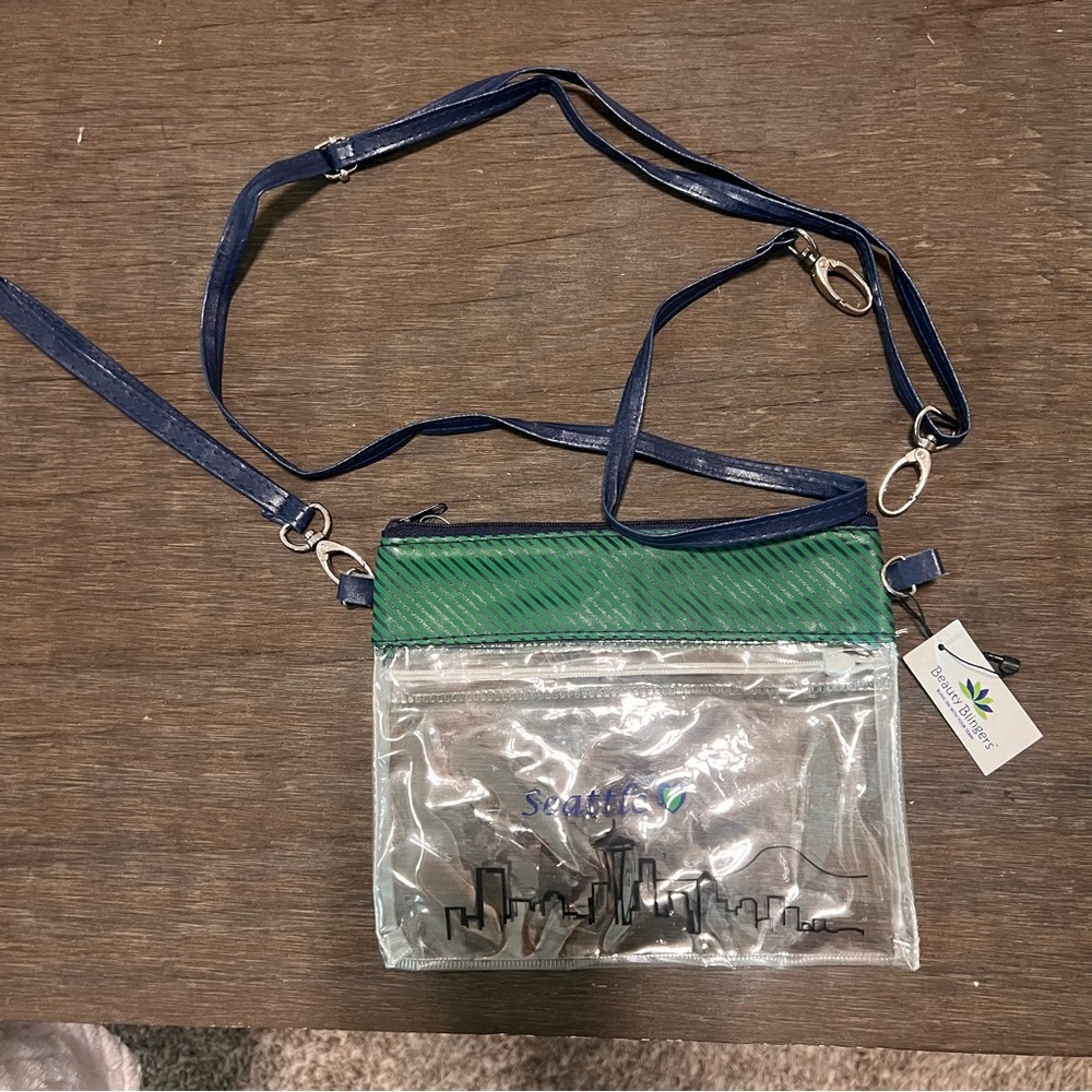 Clear Stadium Friendly Crossbody Bag with Seattle Green and Blue Accents